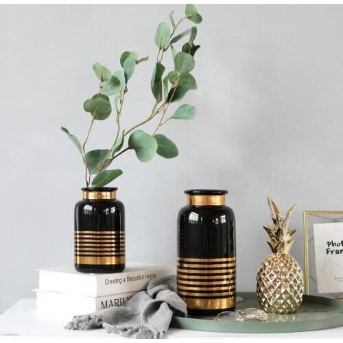 1pc Black White Ceramic Vase Golden Line Design Flower Vase Water Planting Container Home Decorative Desktop Vase