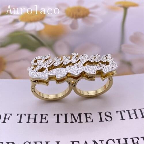 AurolaCo Personalized Carved Double Finger Name Ring Initial Ring Name Rings Personalized 18K Gold-Plated Rings for Women Gifts