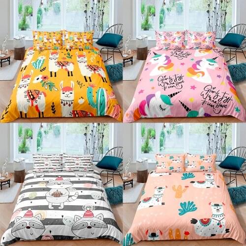 Cartoon Lovely Alpaca Bedding Set Queen Duvet Cover Comforter Bedclothes Multiple Sizes Girls Kids Unicorn Quilt Bed Cover Set