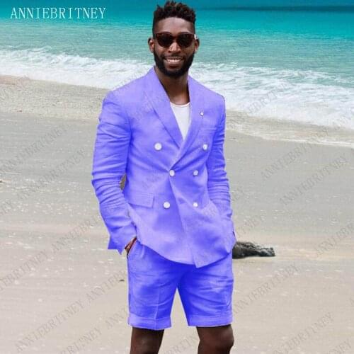 ANNIEBRITNEY Summer Style Suit Men Custom Made Double Breasted Coat Wedding Groom Tuxedo Slim Fit Mens Suits (Jacket+Short Pants