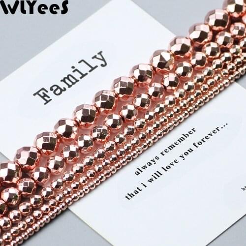 WLYeeS Plating Rose Gold Faceted Round Hematite natural stone 2 4 5 6 8 10mm Spacer Loose beads For Jewelry Bracelet Making DIY