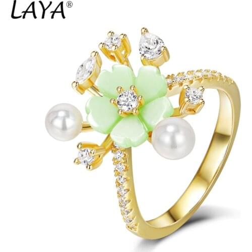 Laya 925 Sterling Silver Summer Hot Style Luxury Jewelry High Quality Zircon Natural Shell Flower Ring For Women 2021 Trend