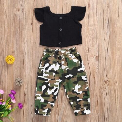 Fashion Little Girls Clothes Sets Black Short Sleeve Single-breasted T-shirt and Elastic Waist Camouflage Pattern Long Pants