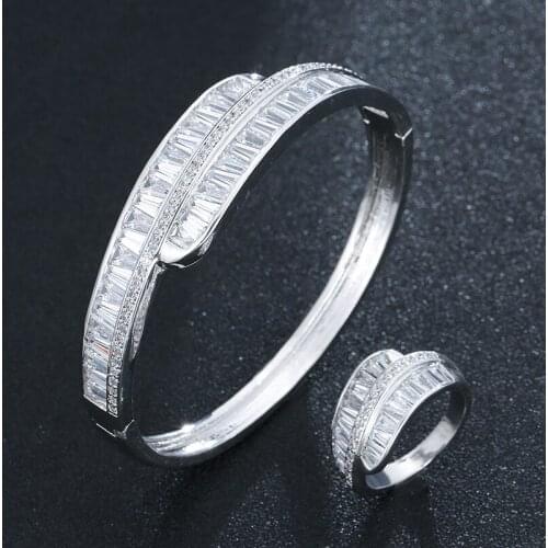HIBRIDE Luxury Cuff Bangle Ring Sets For Women Wedding Bagutte Cut Cubic Zircon Crystal CZ Dubai Bracelet Party bijoux N-1711