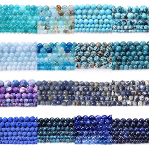 Blue Natural Stone Beads Apatite Lapis Lazuli Agates Lava Aquamarines Bead for Jewelry Making DIY Bracelet Necklace Accessories