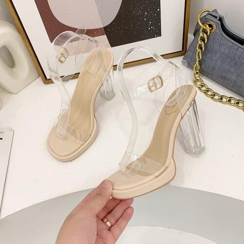 Ankle Strap Thick Square Heels Shoes Transparent PVC Woman Sandals Plus39 Ladies Thick-soled Clear Sandals Zapatillas Mujer Casa