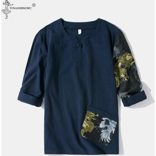 Japanese Kimonos Five Quarter T-shirt Embroidered Harajuku Yukata Japan Male Linen Men Shirts Trousers Summer New Asian Costume