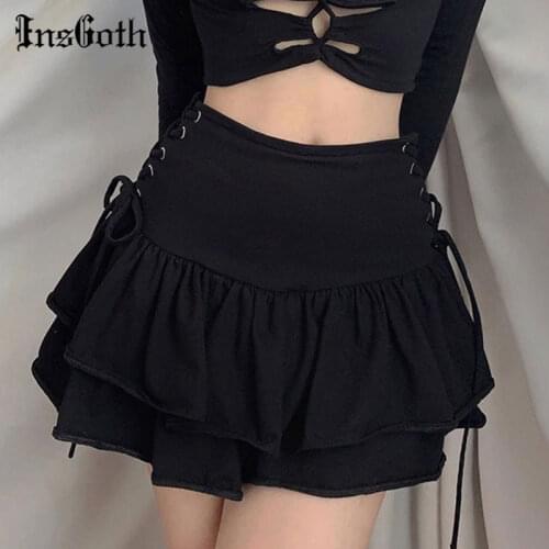InsGoth Goth Aesthetic Black Pleated Skirt Vintage Sexy Ruffle Mini Skirts Streetwear High Waist Eyelet Bandage Summer Skirts