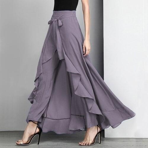 Women Chiffon Tie-Waist Ruffle Palazzo Pants Pure Color Irregular Hem Long Pant Summer Elegant Loose Wide Leg Pants Skirts Style