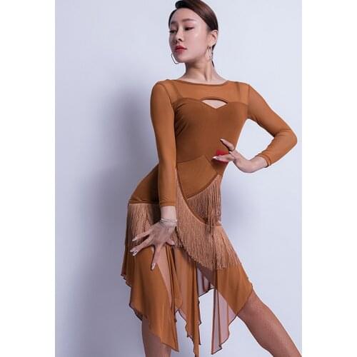 Female Latin Dance Long Sleeve Fringe Dress Women Adult Practice Costumes Latin Competition Stage Performance Clothing VO152