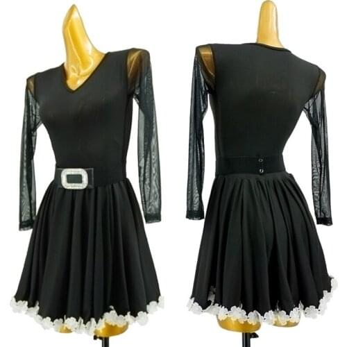 2020 Sexy Black Dresses For Women Latin Dancing Clothes Mesh Sleeves Lace Skirt Evening Party Singers Female Stage Costume 1597
