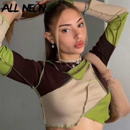 ALLNeon Y2K Aesthetics Patchwork Long Sleeve T-shirts Vintage 90s Streetwear O-neck Slim Ribbed Crop Tops Fashion Casual Tees