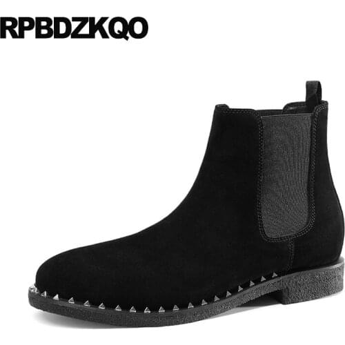 Black chelsea fur winter suede men slip on casual shoes rivet stud boots british style plus size lined booties genuine leather
