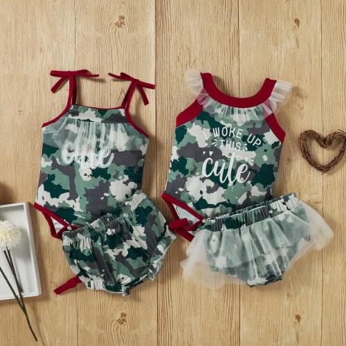 Emmababy 2021 New Girl’s Summer Two Piece Set Fashion Camouflage Cute Letter Camisole Vest and Triangle Short Pants 0-12M