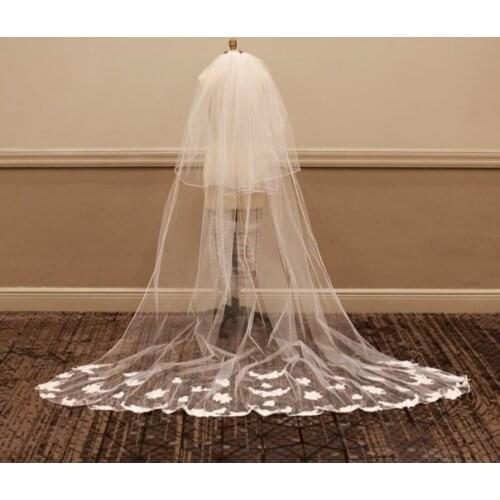 2 layers lace applique wedding veil white or ivory cathedral bridal tulle veil with comb