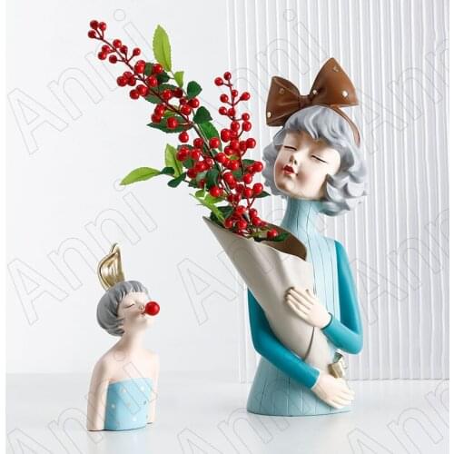Bouquet Girl Figurine Vase Nordic Modern Creativity Resin Flower Vases Ornaments Office Meeting Room Desktop Cartoon Sculpture