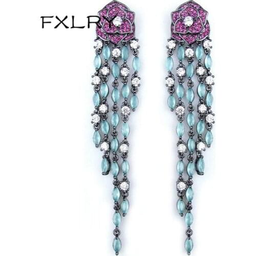 FXLRY Luxury long black gun plated vintage purple rose flower with green tassel earring for women Jewelry
