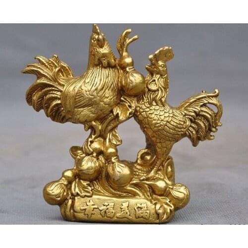 China brass auspicious Feng Shui gourd Cock Rooster Chicken Zodiac animal statue
