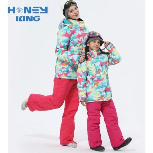 Mother and Daughter Family Matching Snowboarding Jackets+ Pants Winter Warm Adult Kid Camping Hiking Outdoor Sport Clothing Set