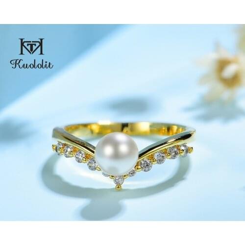 Kuololit 14K10K Yellow Gold Moissanite Rings for Women Round Genuine White Fresh Pearl Ring for Engagement Wedding Bride Gift