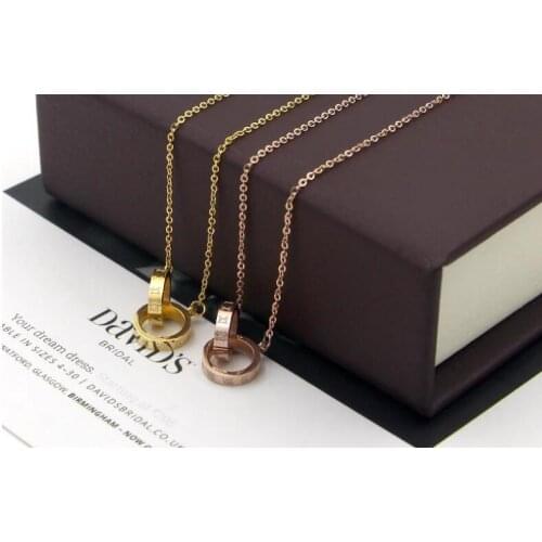 Famous Brand Stainless Steel Rose Gold Color Love Roman Numerals Double Circle Pendant Necklace Women Party Gift