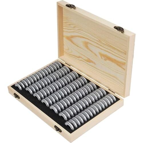 100pcs Coin Capsules Commemorative Coin Adjustable with Foam Gasket Container Case Box Wooden Storage Case