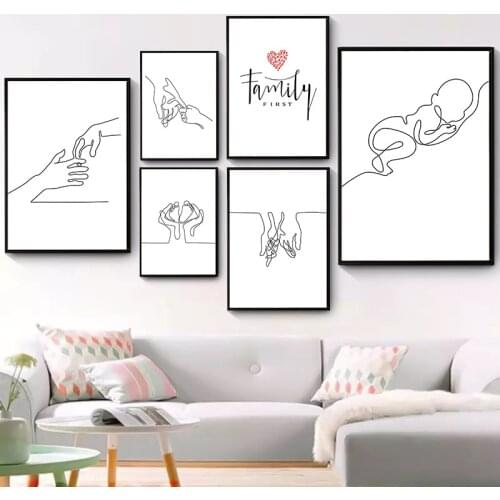 Happy Family Line Baby Nordic Unframed Canvas Painting For Childrens Room Wall Decoration