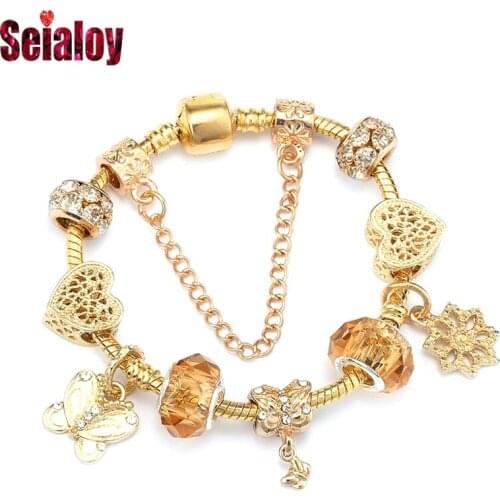 Seialoy Golden Shiny Butterfly Beads Charm Bracelets For Women Original Heart Beaded Gold Color Snake Chain Valentines Day Gift