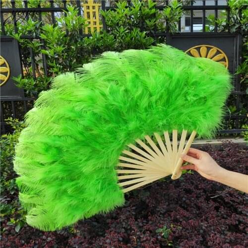 High Quality 15 Bone Ostrich Feathers Fan Halloween Party Wedding Celebration Belly Dance Show DIY Decorative Green Feathers Fan