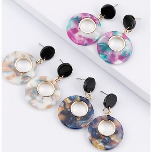 Lifefontier Vintage Acrylic Metal Drop Earrings For Women Resin Hollow Geometric Round Rhombic Dangle Earrings Trendy Jewelry