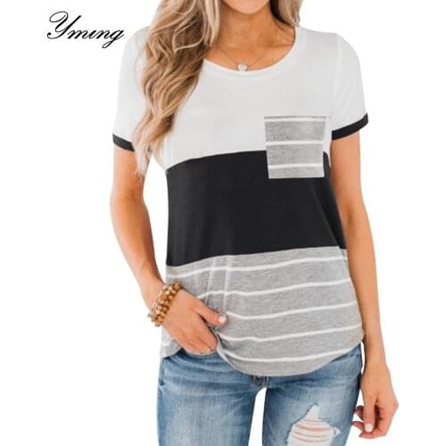 YMING Womens Striped Stitching Shirt Summer Pocket Short-sleeved Top Round Neck Females Casual Shirts