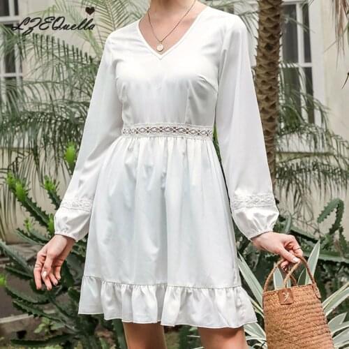2021 Spring Women Ruffles V Neck Patchwork Dress White Mini High Waist Beach Sundress Long Sleeve Ladies Party Dresses Vestidos