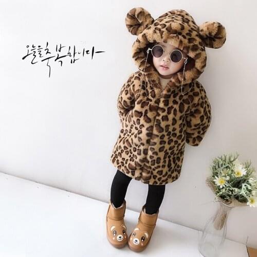 Winter warm thick velvet fashion leopard faux fur 3d ear baby girls hooded jacket kids designer coat children outwear 1 to 7 yrs