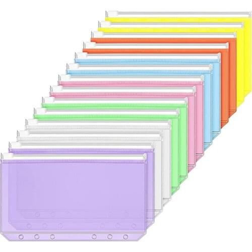21 Pieces Binder Pockets A6 Size 6 Holes Binder Zipper Folders Waterproof PVC Loose Leaf Bags for 6-Ring Binder Notebook