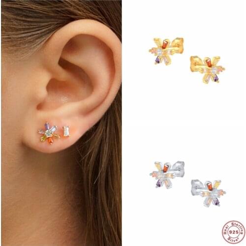 Aide 925 Sterling Silver Colorful Crystal Sunflower Stud Earrings For Women Tiny Rainbow Zircon Snowflake Ear Studs Jewelry Gift