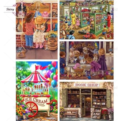 5D DIY Cross Stitch Diamond Painting Shop Store Scenery Full Round Square Drill Diamond Embroidery Needlework Home Decor Gift