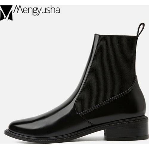 Brand Genuine Leather Chelsea Boots Woman Round Toe Square Low Heels Motorcycle Booties Stretch Ankle Botas Winter Snow Botines