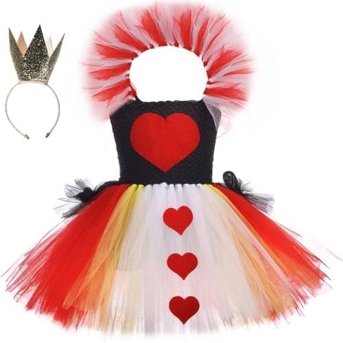 Black & Red Queen of Heart Children Girls Tutu Dress with Collar Alice Cosplay Costume for Kids Halloween Carnival Party Dresses
