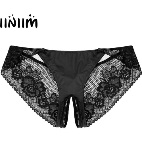 Mens Flower Lace Briefs Sexy Panties Crotchless Briefs Sissy Gay Underwear Erotic Sexy Low Waist Bowknot Elastic Underpants