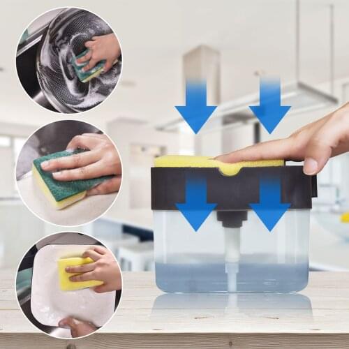 2 in 1 Scrubbing Liquid Detergent Dispenser Press-type Liquid Soap Box Pump Organizer with Sponge Kitchen Tool Bathroom Supplies
