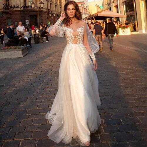 Magic Awn Graceful Puff Sleeves Wedding Dresses Beach Lace Appliques Illusion Princess Boho A-Line Bridal Gowns Vestidos Novia