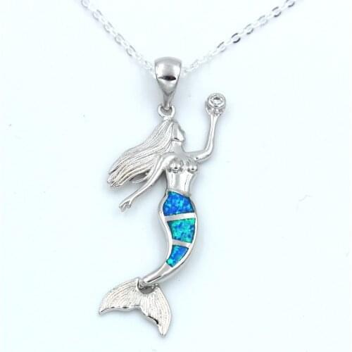 Blue Fire Opal Mermaid Pendant Necklace for Women