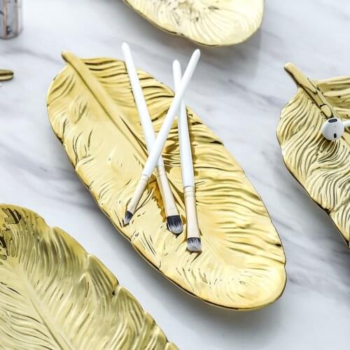 Gold Feather Shape Ceramic Jewelry Plate Dish Porcelain Candy Trinket Food Fruit Serving Tray Ring Storage Plate Home Decorative