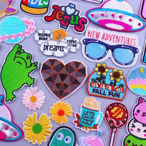 Cartoon Patch Iron On Patches On Clothes Rainbow Unicorn Space UFO Embroidered Patches For Clothing Unflower Cute Frog Applique