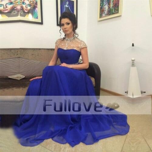 Dazzlingly Crystal Beaded Royal Blue Evening Dresses Long 2019 Short Sleeve High Neck Sheer A-Line Formal Dress Vestido De Festa