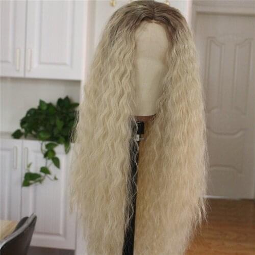 Ash Blonde Synthetic Lace Front Wig Ombre Brown Deep Curly Hair Matte Platinum Long Wig for Women