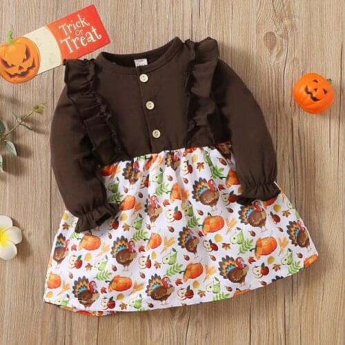 Infant Kids Baby Girl’s Casual Long Sleeve Dress Cartoon Thanksgiving Print Stitching Round Neck A-line Dress 2021 New Fashion