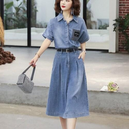Casual denim dress women 2020 summer new womens temperament waist slimming long skirt large size dress female zz