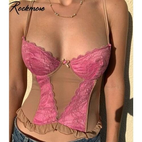 Rockmore Lace Mesh Patchwork Spaghetti Strape Tank Top Women Y2K Sleeveless Camis Harajuku Tops Tee Sexy Ruffles Bow Crop Top