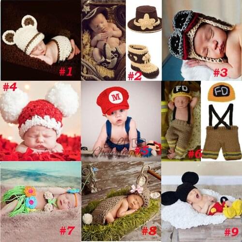 Handmade Crochet Photography Props Knitted Newborn Baby Hat Boy Girl Costume Outfit Fireman Cowboy Super Mario SG043